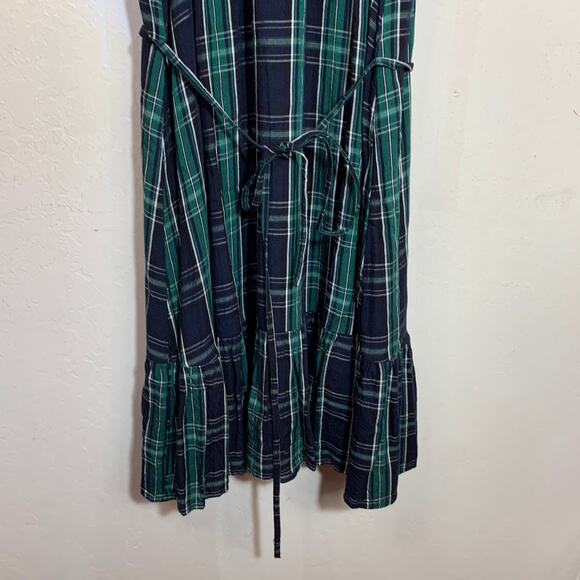 LOFT Dress Blue Green Plaid Shift Belted Short Sleeve Pleated Lined Size 2 - Picture 6 of 12